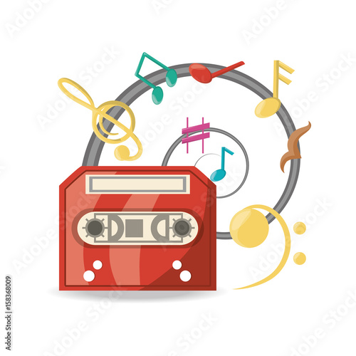 Audio tape player with musical notes vector illustration