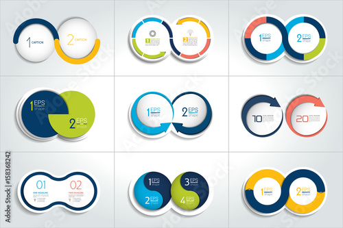 Mega set of two elements, steps chart, diagram, scheme. Circle, round design.