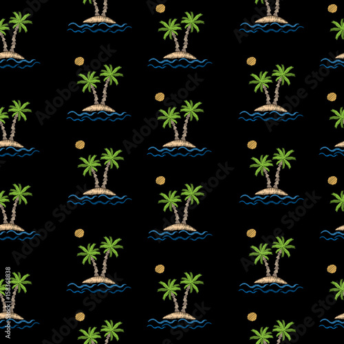 Seamless pattern with embroidery stitches imitation little palm tree with wave and sun