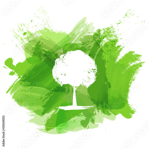 Green watercolor paint with white tree for Ecology concept