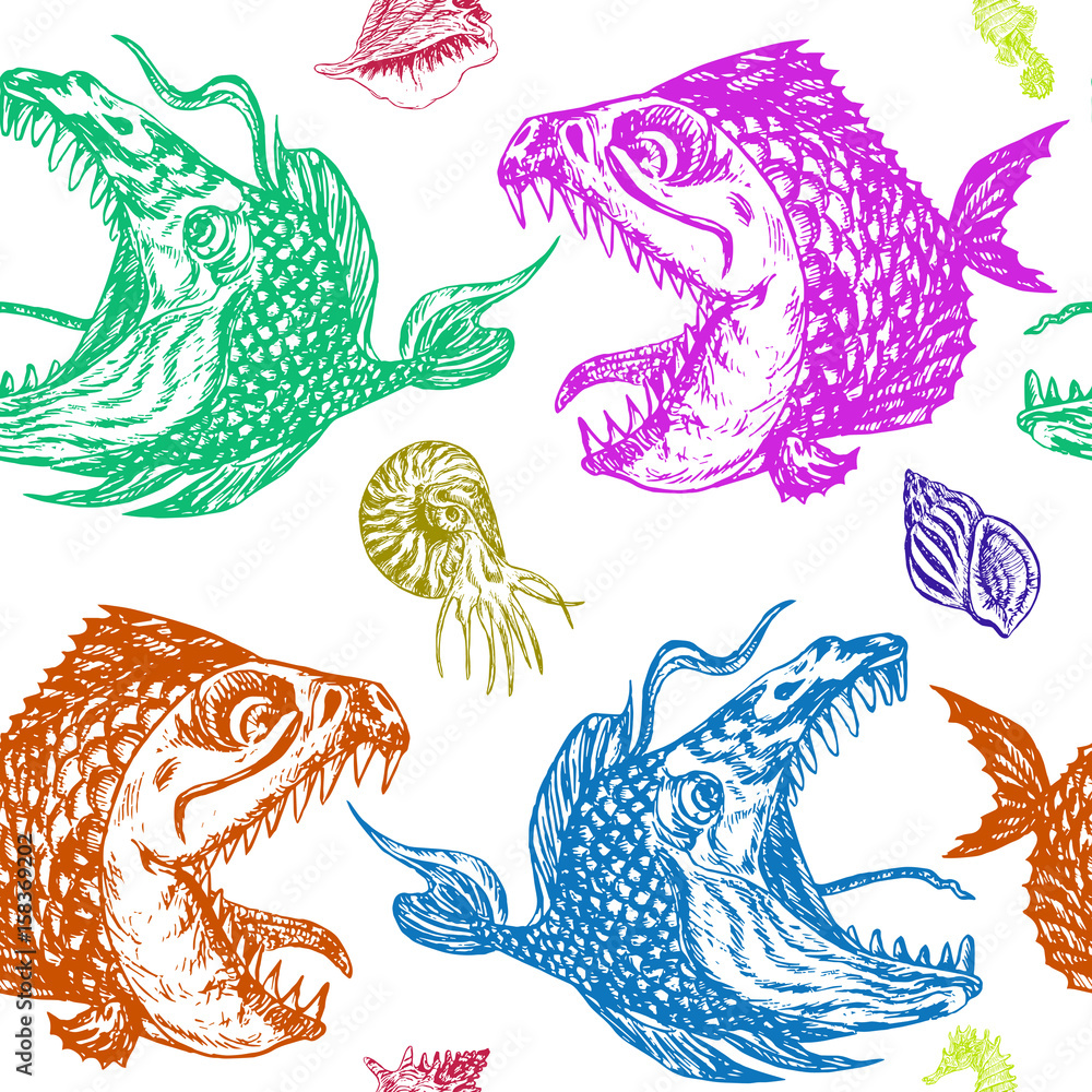 Piranhas fishes profile, open mouth with sharp teeth and long tongue ...