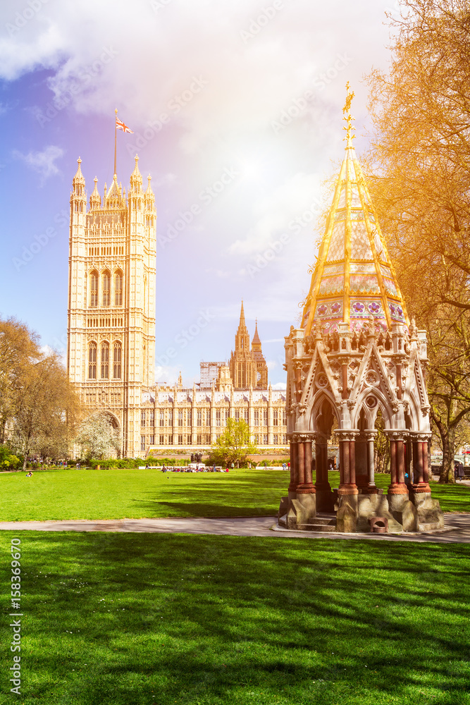 Westminster Abbey viewed from Victoria tower gardens, London, UK.