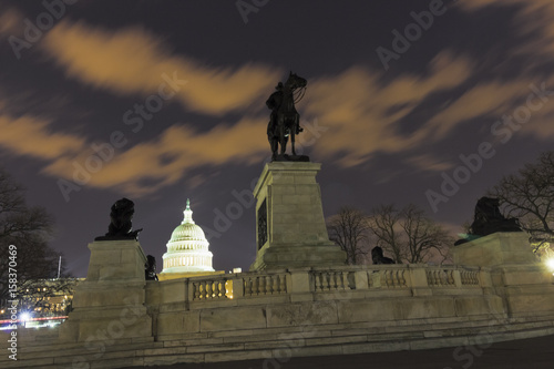 Grand night-time view of the Capitol Dome & the striking equestrian statue of General Grant at the Ulysses S. Grant Memorial, Union Square, Capitol Hill, Washington DC photo