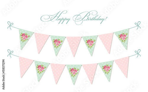 Cute vintage shabby chic textile bunting flags ideal for baby shower, wedding, birthday