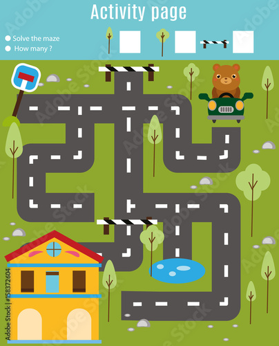 Activity page for kids. Educational game. Maze and find objects theme. Help bear find home. For preschool years children