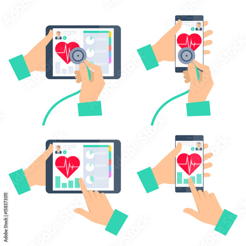 Doctor's hand holding stethoscope and checking heartbeat on the digital tablet screen. Medic online exams a patient by mobile phone. Tele, online, remote medicine concept. Vector flat illustration set