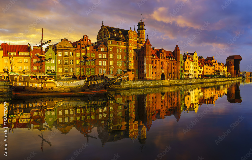 colorful gothic facades of the old town in Gdansk, Poland, on sunset