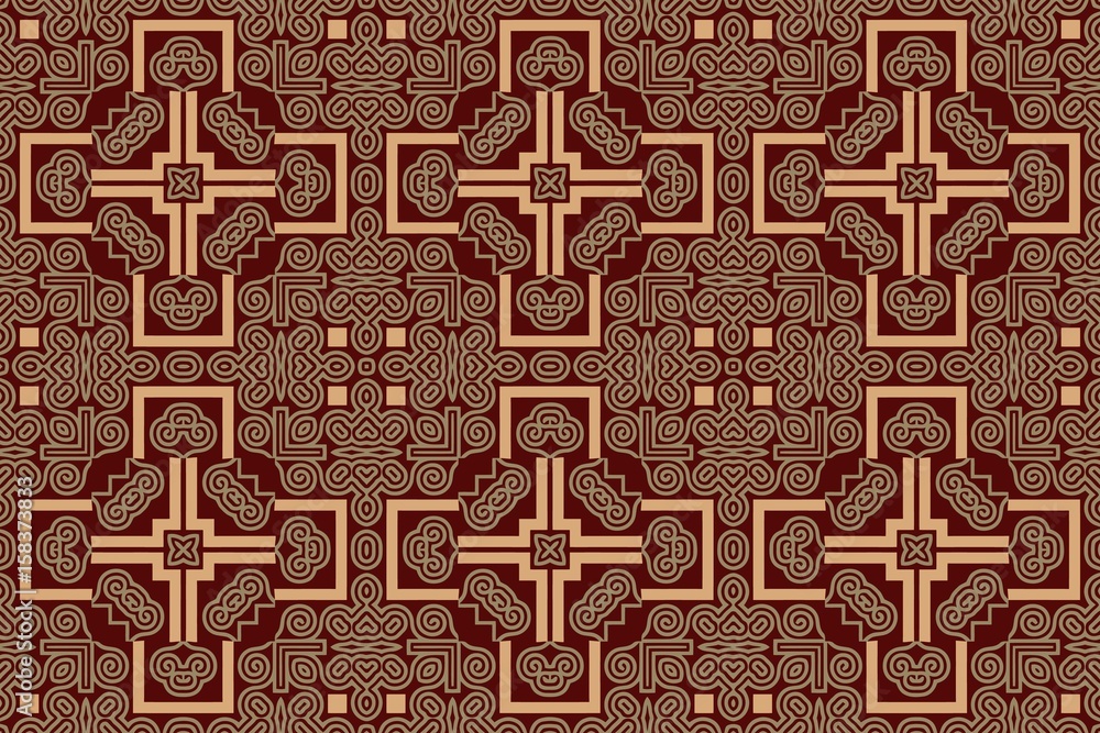 Abstract art deco pattern symmetrical eastern geometric maze on a red background