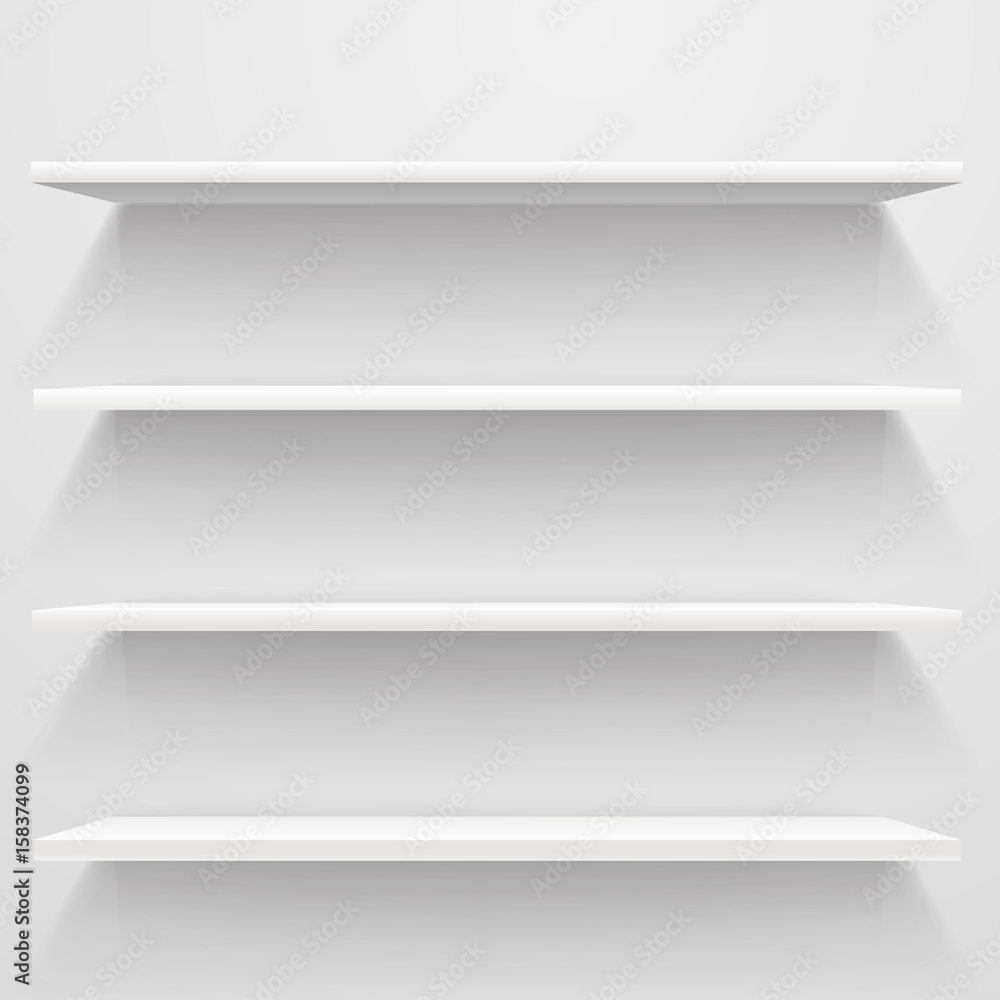 White empty shelves on white wall. Vector mockup White empty shelves on white wall. Vector mockup
