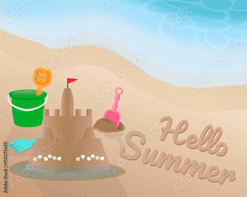 Beach toy and Sand castle with shell and red flag  on the beach and water surround. Hello Summer on the sand with the blue tone of wave. illustration. vector. graphic design. summer season.