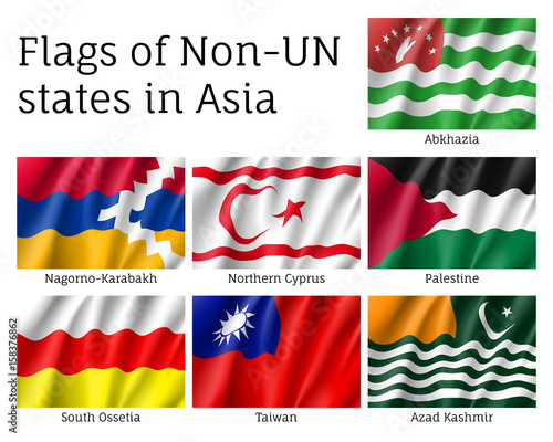 Set of waving flags of non-un states: Abkhazia, Kashmir and Northern Cyprus, Nagorno-Karabakh, Palestine and Taiwan. Collection with 7 signs. Vector isolated icons