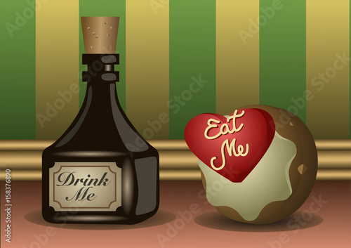 A little bottle and a cookie with labels to eat a to drink. Vector Illustration