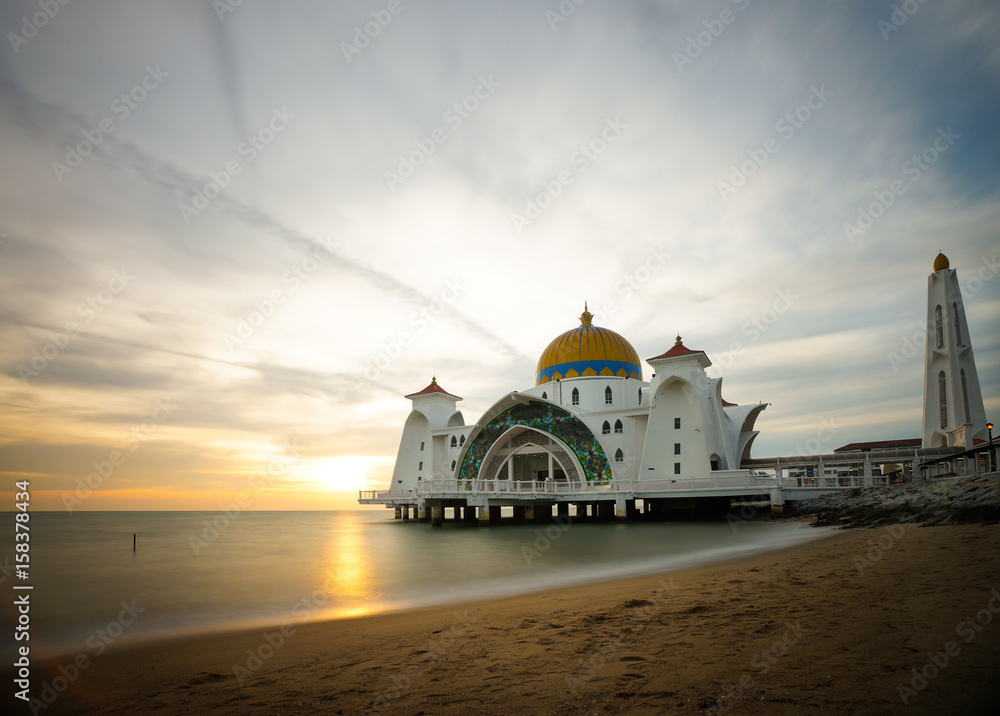Sunset view of Selat Melaka mosque in Melaka, Malaysia