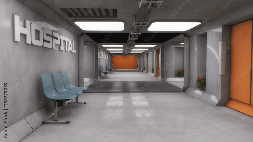 3d render. Futuristic interior hospital corridor
