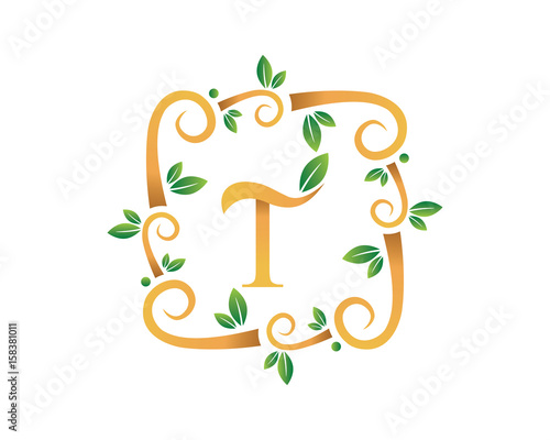 Elegant Floral T Letter With Gold Branch Logo