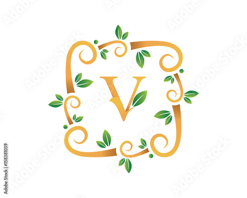 Elegant Floral V Letter With Gold Branch Logo