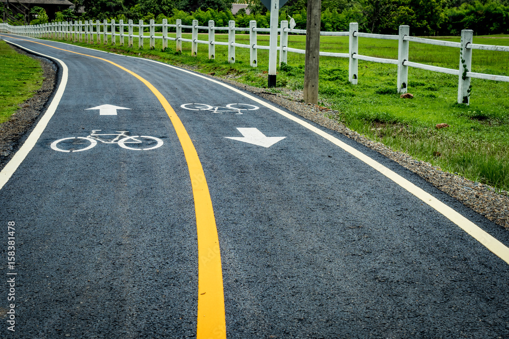 Asphalt bicycle road with yellow line