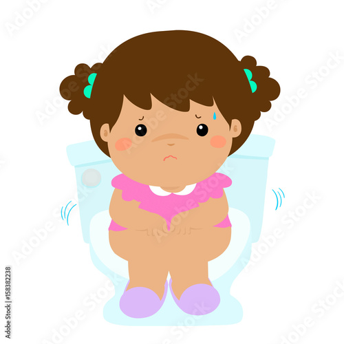 Cute girl sitting toilet seat with diarrhea cartoon vector.