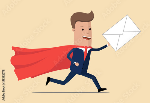 Businessman  with red cloak running with email envelop. E-mail, message, communication fast delivery concept. Vector illustration