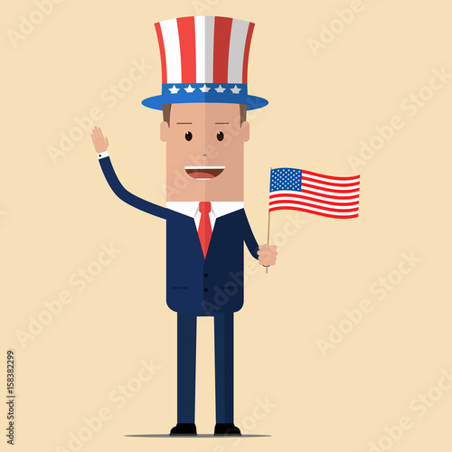 Businessman with american flag and hat. Independence day concept. Vector illustration