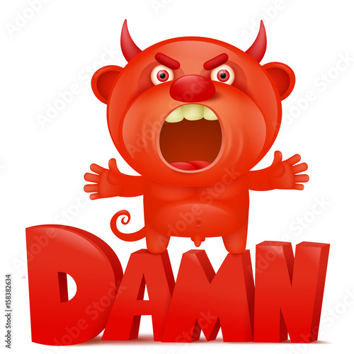 Funny cartoon red little devil emoji character with damn title