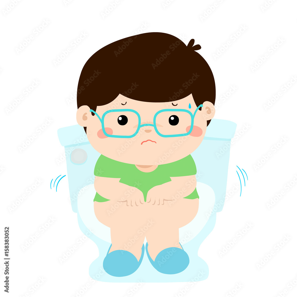 Cute boy sitting toilet seat with diarrhea cartoon vector.