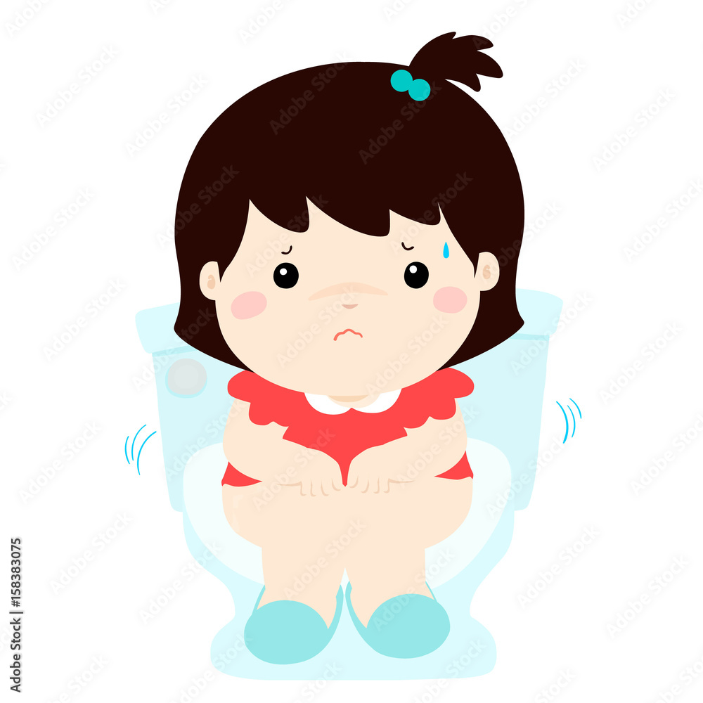Fototapeta premium Cute girl sitting toilet seat with diarrhea cartoon vector.