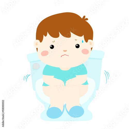 Cute boy sitting toilet seat with diarrhea cartoon vector.