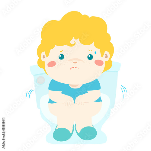 Cute boy sitting toilet seat with diarrhea cartoon vector.