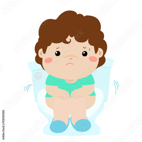 Cute boy sitting toilet seat with diarrhea cartoon vector.
