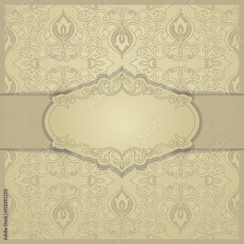 Golden Eastern floral decor. Template frame for greeting card and wedding invitation. Ornate vector border and place for your text. 
