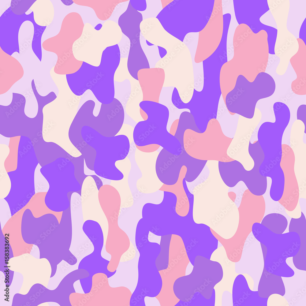 Camouflage seamless pattern in a pink, violet and dirty white colors.