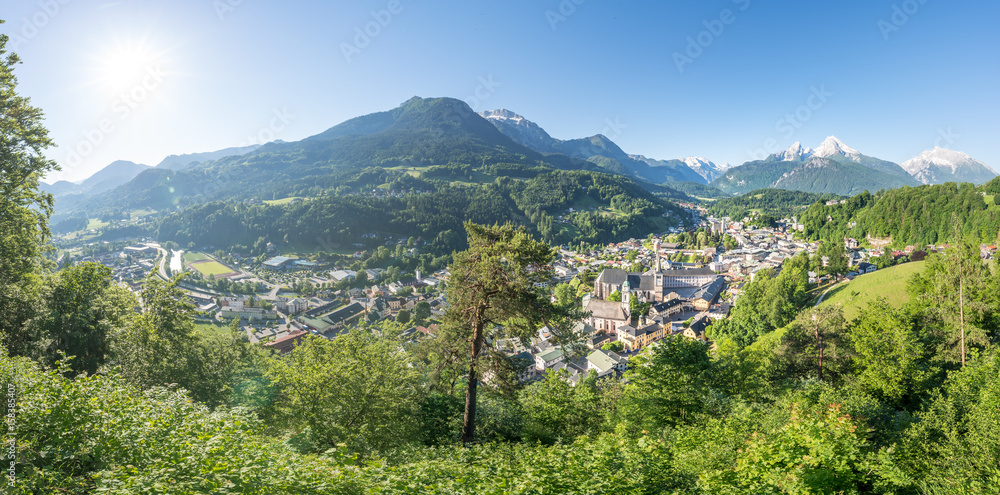 Panoramic view over Berchtesgaden with Watzmann, Bavaria, Germany
