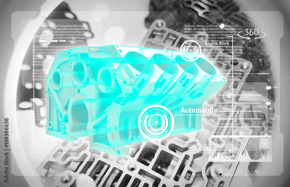 Augmented reality industrial magnifying glass lamp technology and engineering concept. 3d rendering of energy block application can be rotate 360 degrees and graphic. Automobile parts background. Augmented reality industrial magnifying glass lamp technology and engineering concept. 3d rendering of energy block application can be rotate 360 degrees and graphic. Automobile parts background.