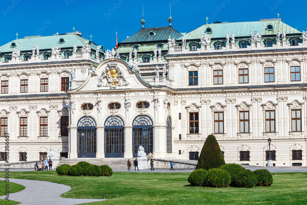 Panoramic view at sunny day of famous landmark Belvedere palace in Vienna