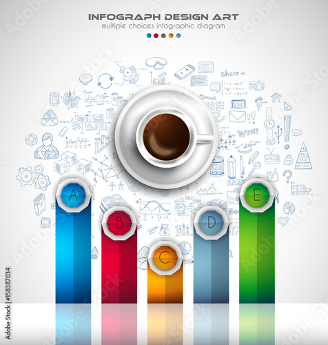 Infograph background template with a fresh coffee on table with infographic sketches