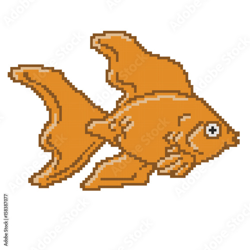 Yellow orange pixel goldfish  with long wavey fins swimming.