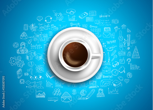 Infograph background template with a fresh coffee on table with infographic sketches