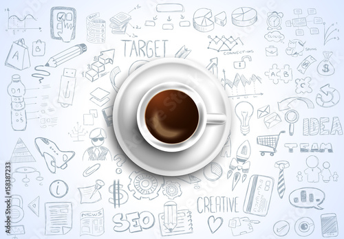 Infograph background template with a fresh coffee on table with infographic sketches