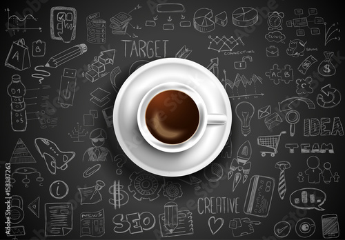 Infograph background template with a fresh coffee on table with infographic sketches