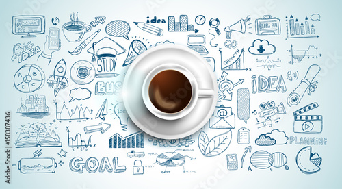 Infograph background template with a fresh coffee on table with infographic sketches