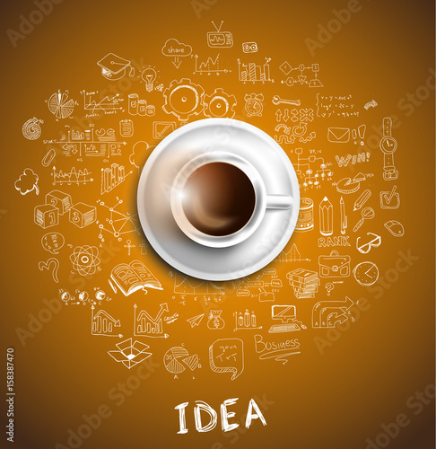 Infograph background template with a fresh coffee on table with infographic sketches