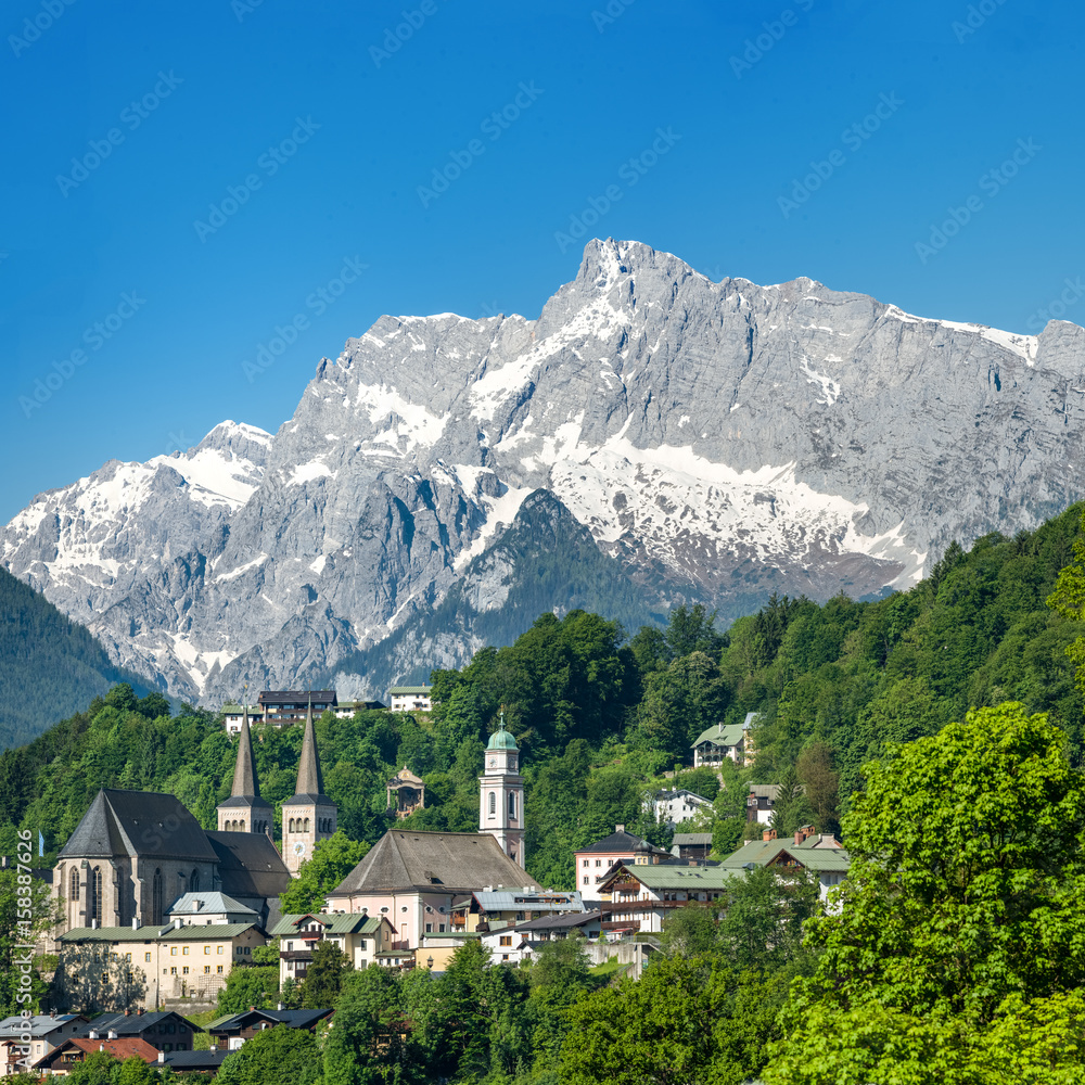 Panoramic view over Berchtesgaden with Hochkalter, Bavaria, Germany