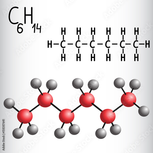 Chemical formula and molecule model of Hexane C6H14