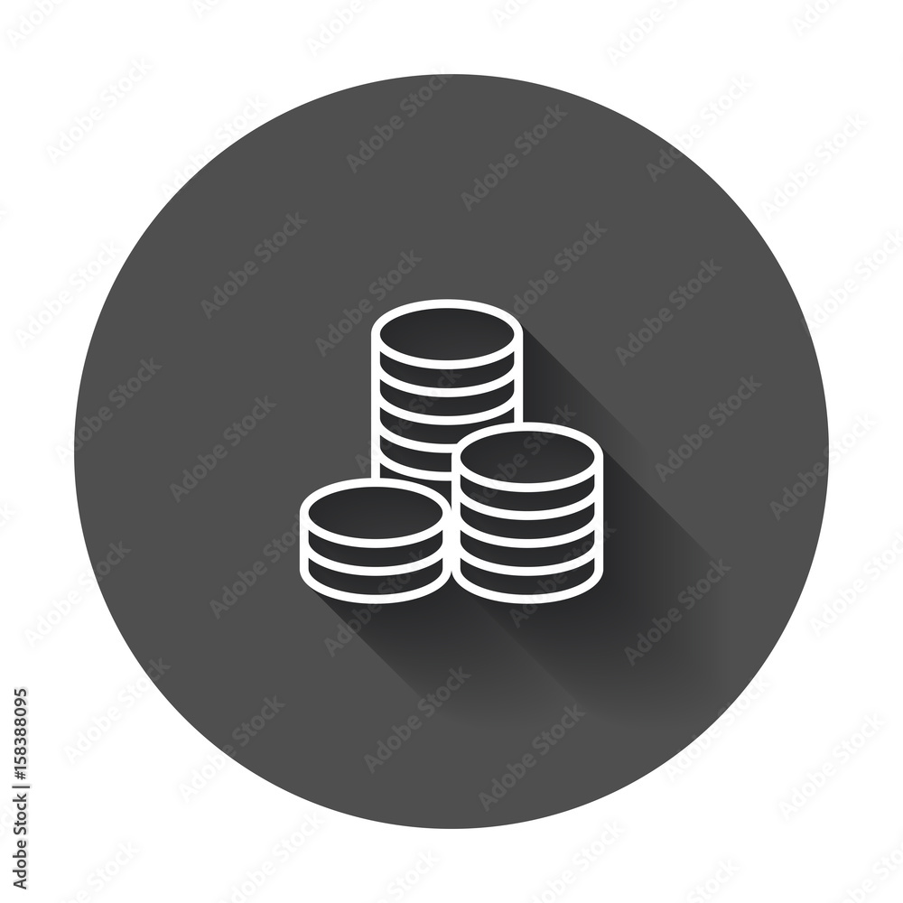 Coins stack vector illustration. Money stacked coins icon with long shadow. Coins stack vector illustration. Money stacked coins icon with long shadow.