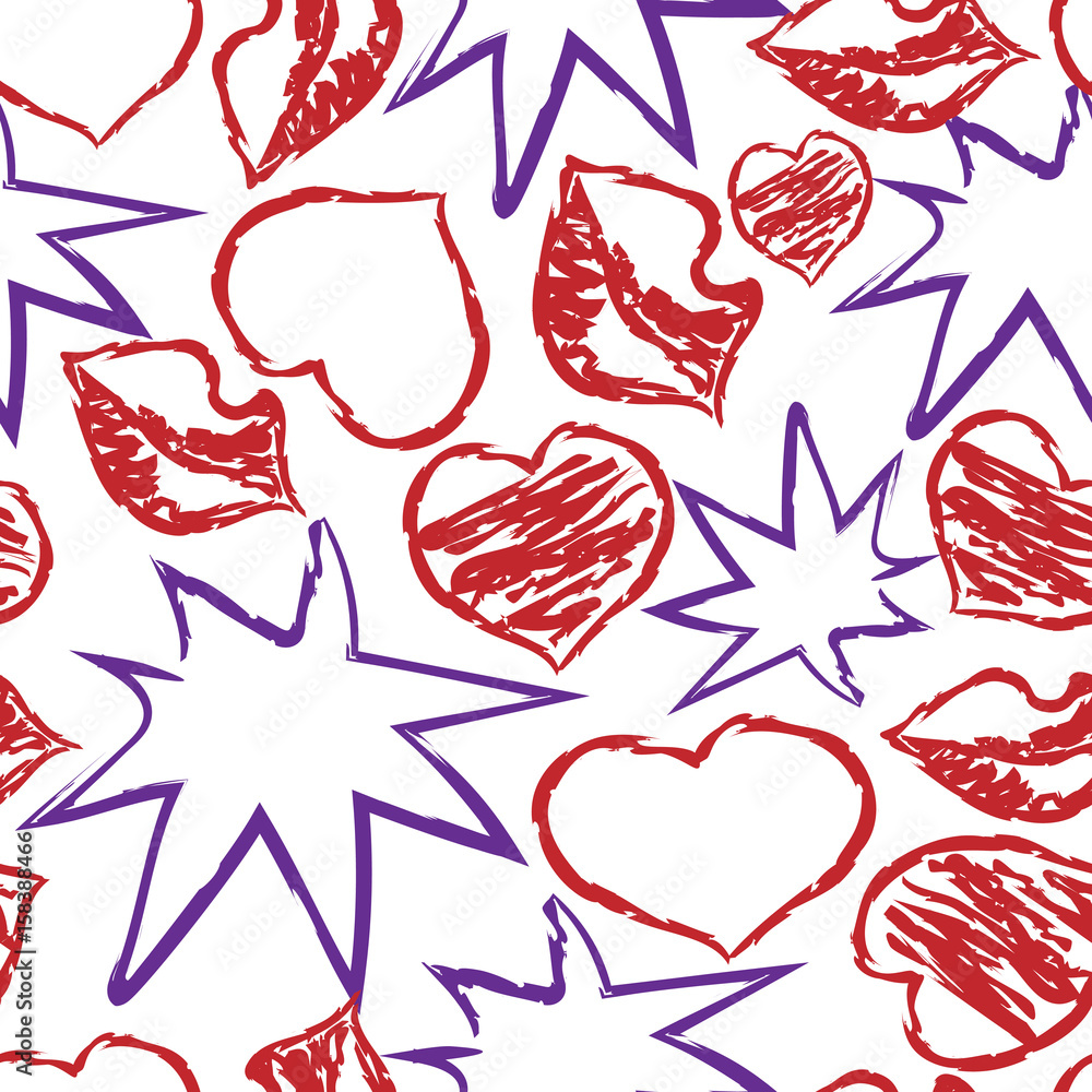 Seamless hearts pattern, lips and stars, outline icons and shapes, paint texture. Vector illustration. Seamless hearts pattern, lips and stars, outline icons and shapes, paint texture. Vector illustration.