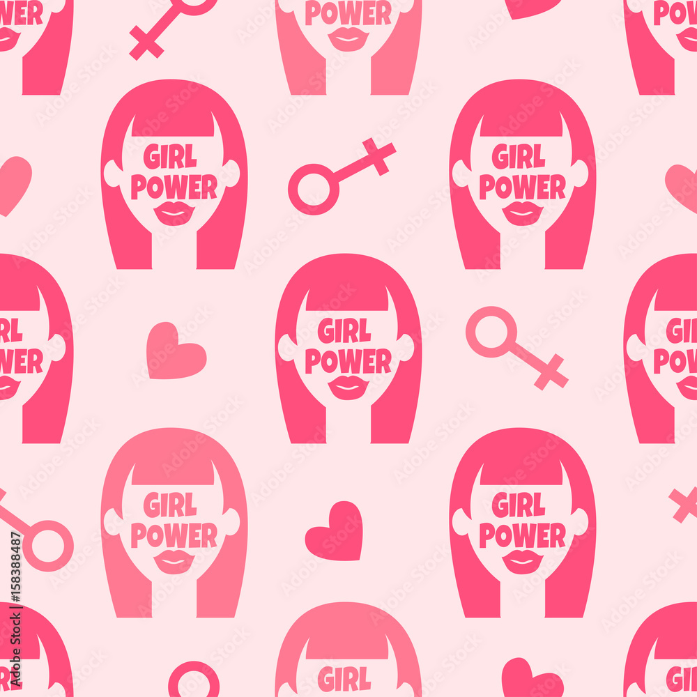 Feminism seamless pattern with abstract face girl, hearts and design element. Pink background.