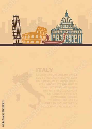 The template of the leaflets with a map and architectural attractions of Italy on old paper