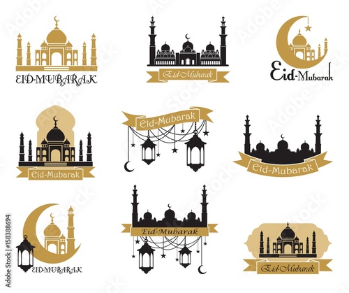 Set of emblems for islamic holy holiday Ramadan and other. Arabic traditions. Eid Mubarak greeting.