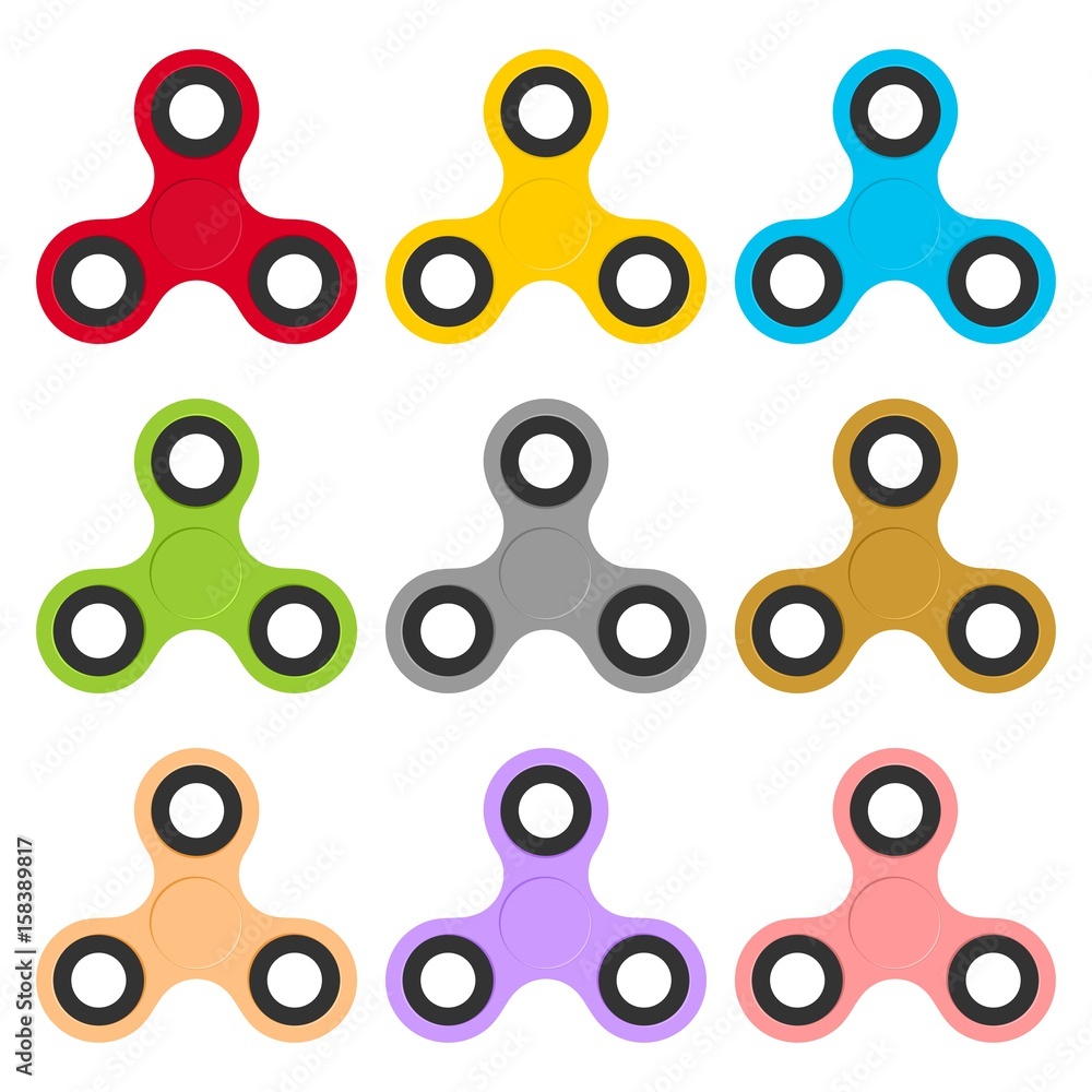 Set of colorful fidget spinner in a row side by side and the other on a  white background. Modern children's hand spinning toy red, gold, blue,  yellow, green, pink Stock Vector